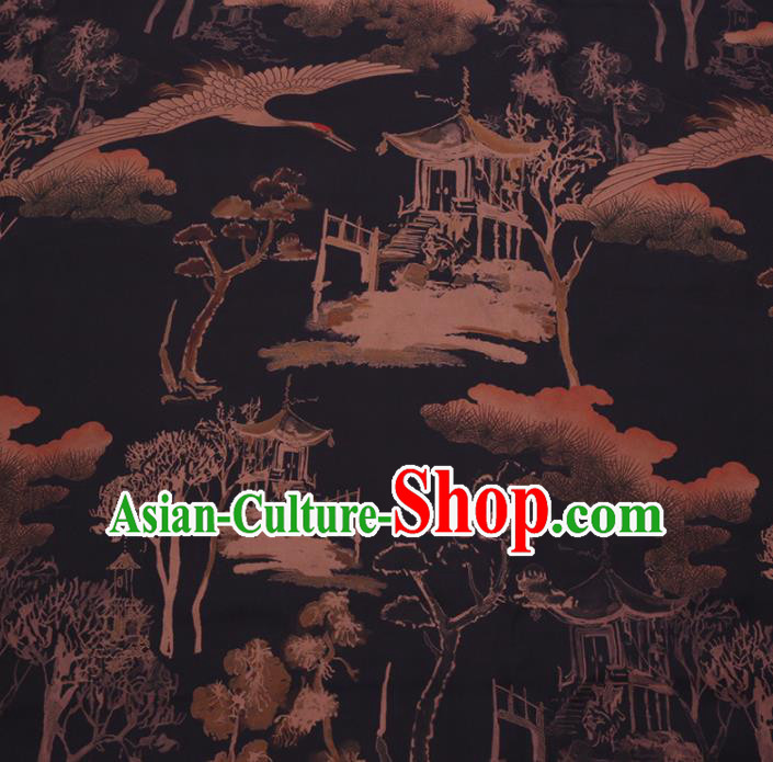 Chinese Cheongsam Classical Crane Pavilion Pattern Design Black Watered Gauze Fabric Asian Traditional Silk Material