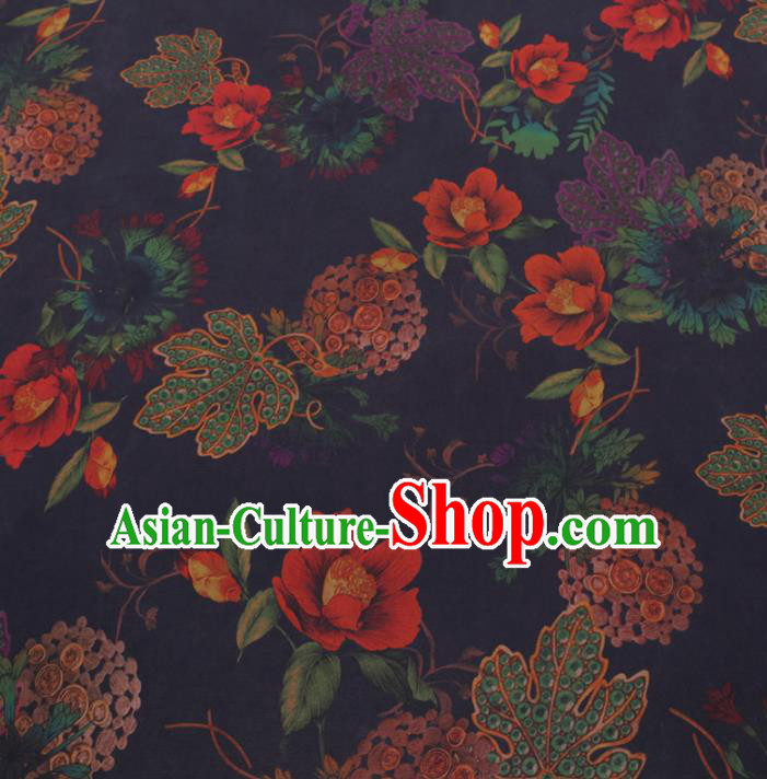 Chinese Cheongsam Classical Flowers Pattern Design Navy Watered Gauze Fabric Asian Traditional Silk Material