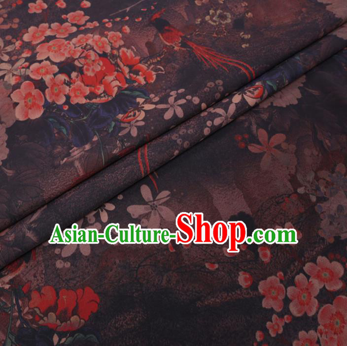 Chinese Cheongsam Classical Plum Peony Pattern Design Brown Watered Gauze Fabric Asian Traditional Silk Material