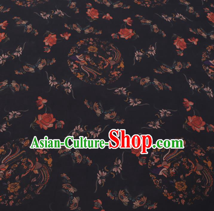 Chinese Cheongsam Classical Phoenix Peony Pattern Design Black Watered Gauze Fabric Asian Traditional Silk Material