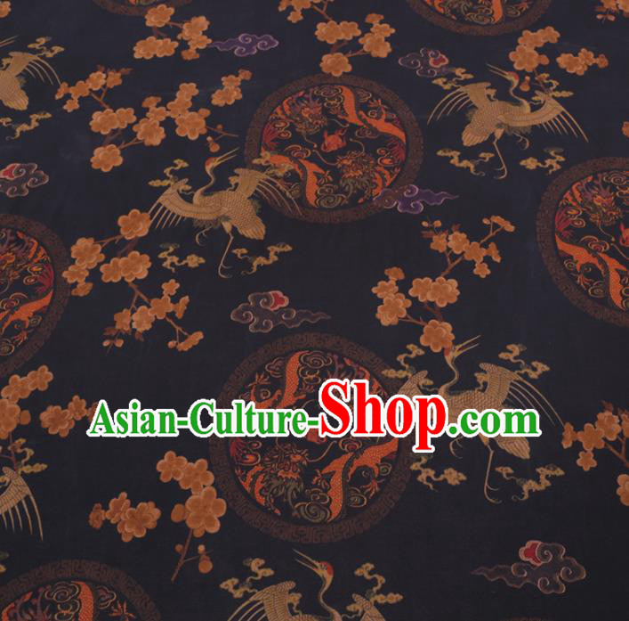 Chinese Cheongsam Classical Crane Plum Pattern Design Black Watered Gauze Fabric Asian Traditional Silk Material