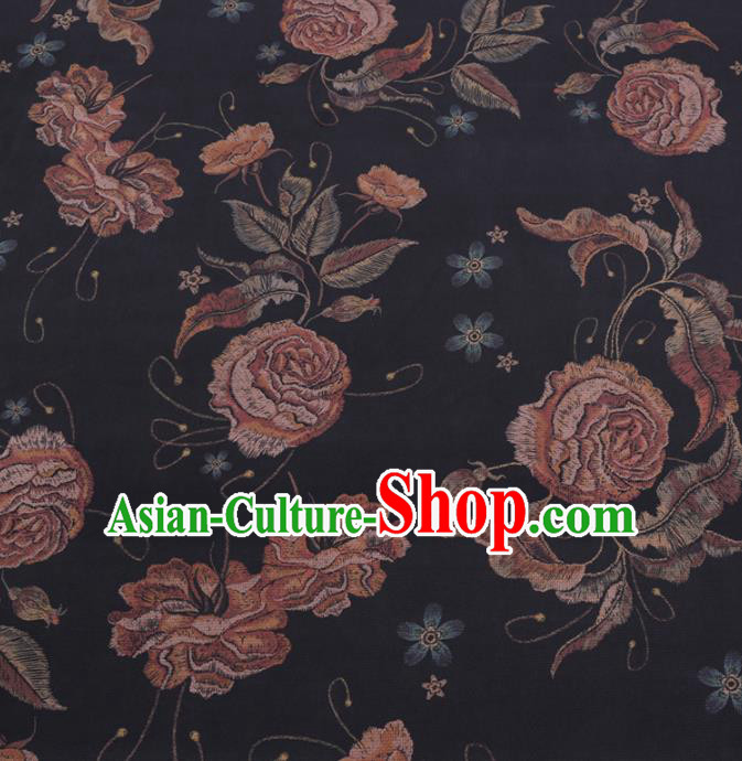 Chinese Cheongsam Classical Rose Flowers Pattern Design Black Watered Gauze Fabric Asian Traditional Silk Material