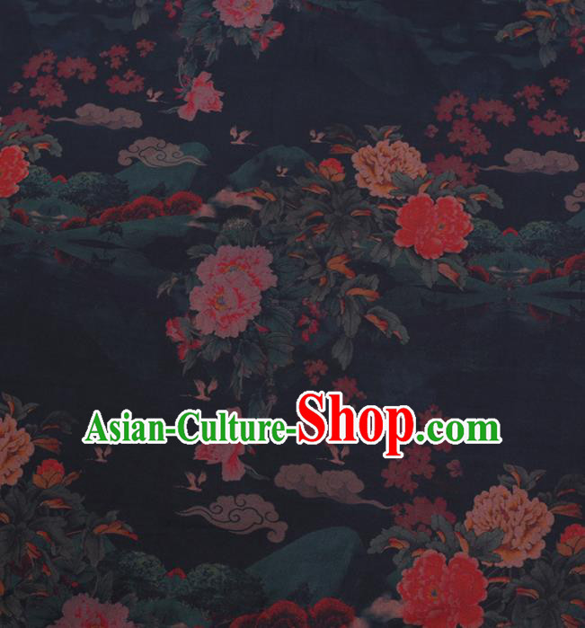 Chinese Cheongsam Classical Peony Pattern Design Navy Blue Watered Gauze Fabric Asian Traditional Silk Material