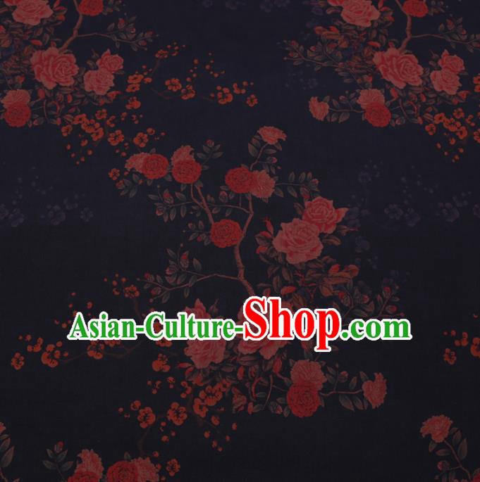 Chinese Cheongsam Classical Roses Pattern Design Navy Blue Watered Gauze Fabric Asian Traditional Silk Material