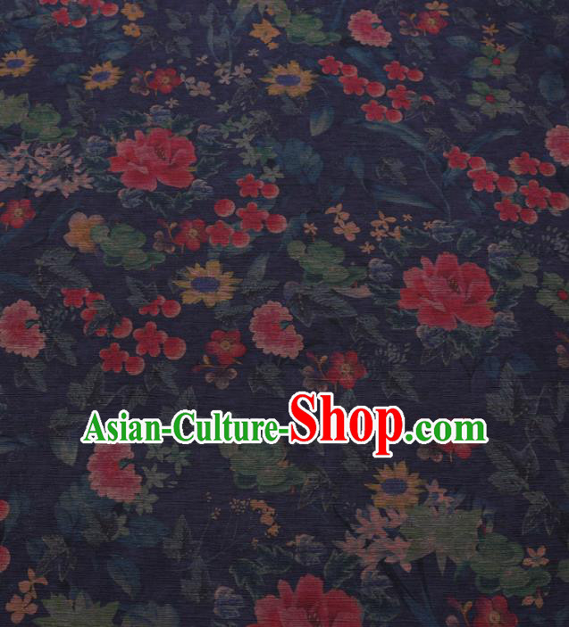 Chinese Cheongsam Classical Flowers Pattern Design Navy Blue Watered Gauze Fabric Asian Traditional Silk Material
