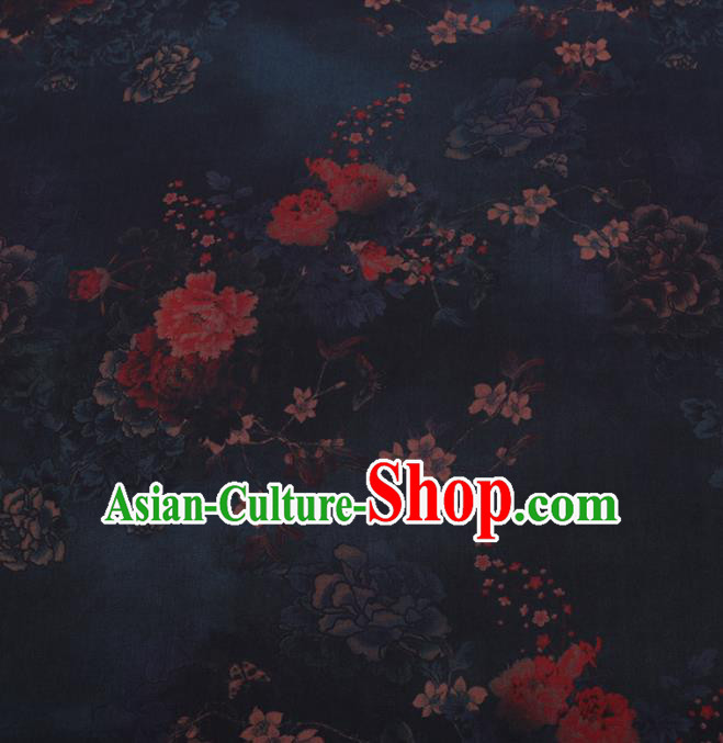 Chinese Cheongsam Classical Peony Plum Pattern Design Navy Blue Watered Gauze Fabric Asian Traditional Silk Material