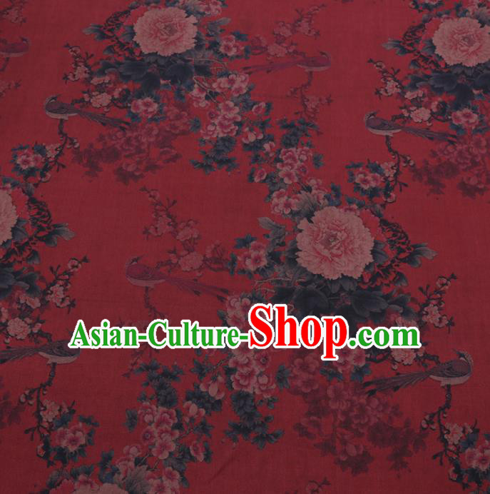 Chinese Cheongsam Classical Peony Plum Pattern Design Red Watered Gauze Fabric Asian Traditional Silk Material