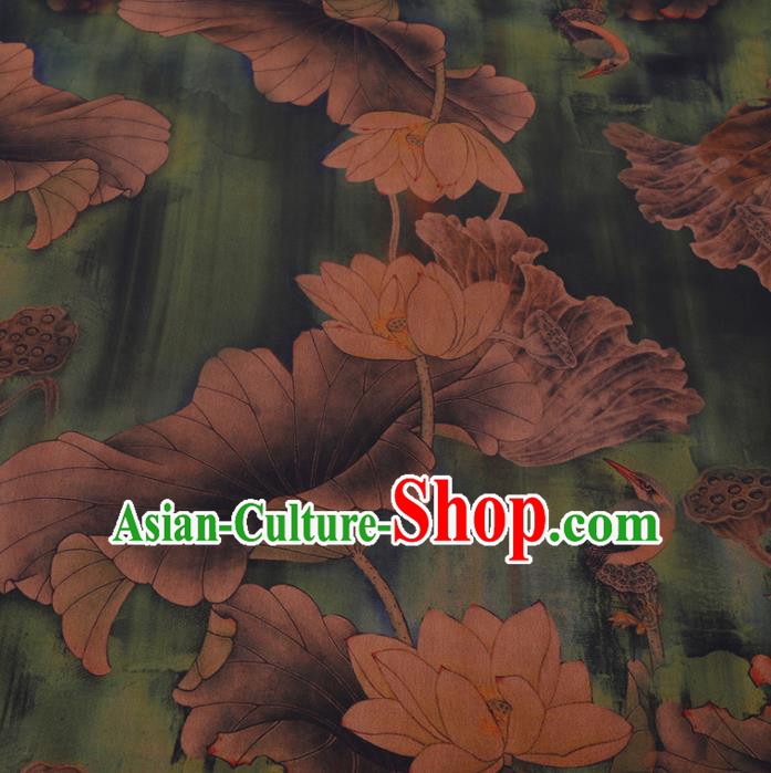 Chinese Cheongsam Classical Lotus Goose Pattern Design Green Watered Gauze Fabric Asian Traditional Silk Material