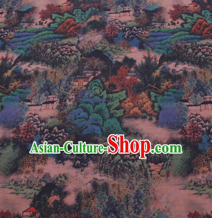 Chinese Cheongsam Classical Landscape Pattern Design Deep Blue Watered Gauze Fabric Asian Traditional Silk Material