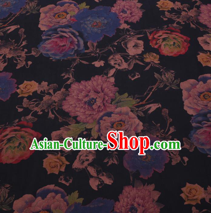 Chinese Cheongsam Classical Peony Flowers Pattern Design Black Watered Gauze Fabric Asian Traditional Silk Material