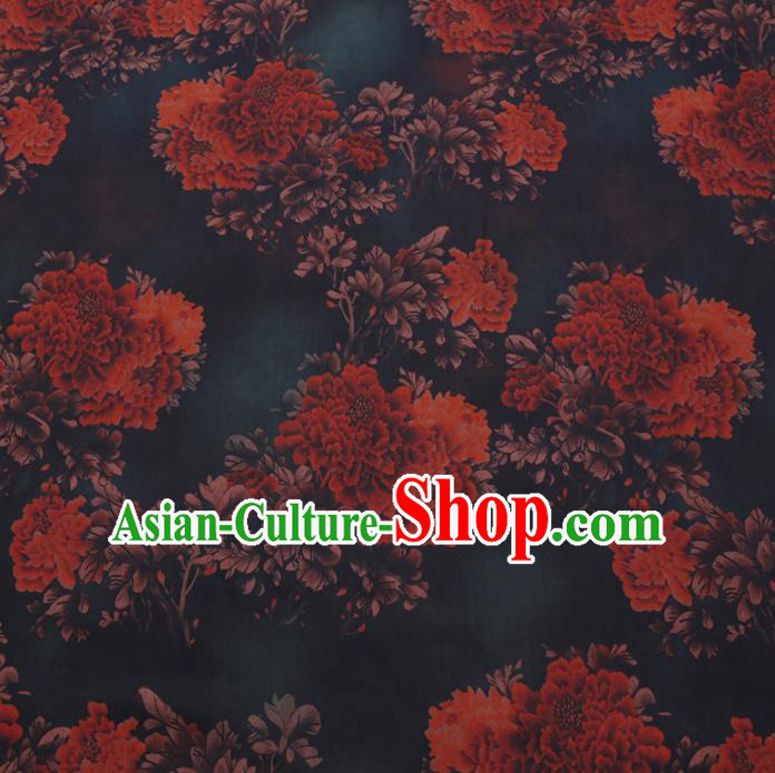 Chinese Cheongsam Classical Peony Pattern Design Black Watered Gauze Fabric Asian Traditional Silk Material