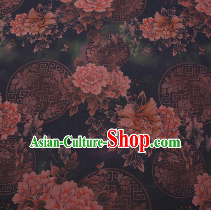 Chinese Cheongsam Classical Rich Peony Pattern Design Black Watered Gauze Fabric Asian Traditional Silk Material