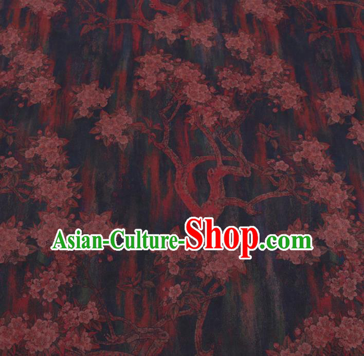 Chinese Cheongsam Classical Plum Flowers Pattern Design Deep Blue Watered Gauze Fabric Asian Traditional Silk Material