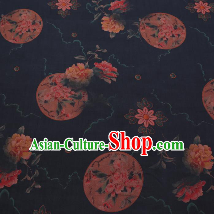 Chinese Cheongsam Classical Peony Fan Pattern Design Black Watered Gauze Fabric Asian Traditional Silk Material