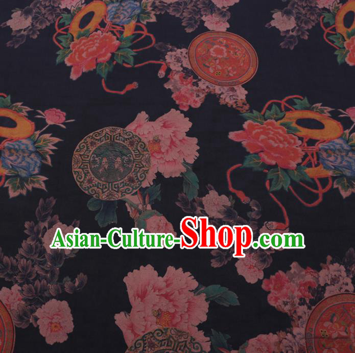 Chinese Cheongsam Classical Peony Pattern Design Black Watered Gauze Fabric Asian Traditional Silk Material