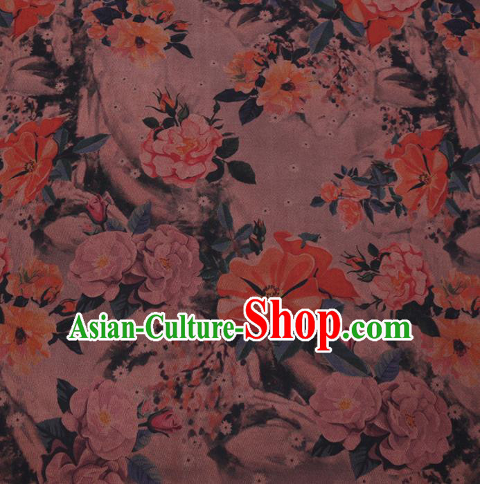 Chinese Cheongsam Classical Camellia Pattern Design Khaki Watered Gauze Fabric Asian Traditional Silk Material