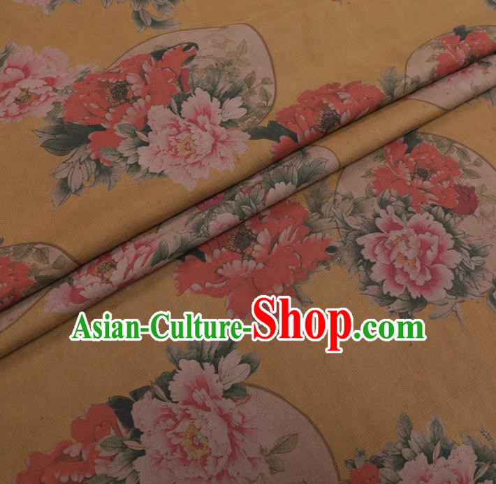 Chinese Cheongsam Classical Peony Fan Pattern Design Yellow Watered Gauze Fabric Asian Traditional Silk Material