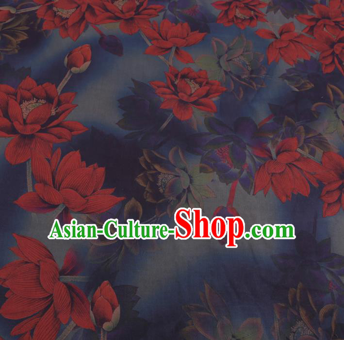 Chinese Cheongsam Classical Red Lotus Pattern Design Blue Watered Gauze Fabric Asian Traditional Silk Material