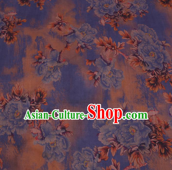 Chinese Cheongsam Classical Blue Peony Pattern Design Ginger Watered Gauze Fabric Asian Traditional Silk Material