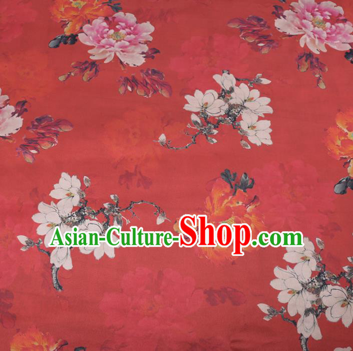 Chinese Cheongsam Classical Magnolia Peony Pattern Design Red Watered Gauze Fabric Asian Traditional Silk Material