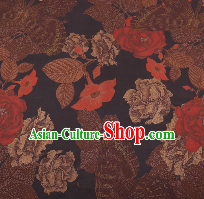 Chinese Cheongsam Classical Peony Flowers Pattern Design Black Watered Gauze Fabric Asian Traditional Silk Material