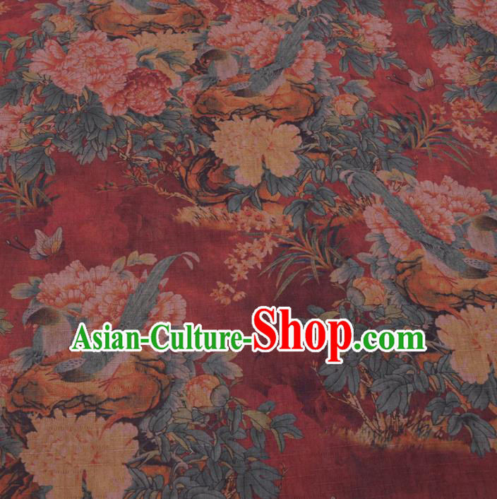 Chinese Cheongsam Classical Peony Bird Pattern Design Wine Red Watered Gauze Fabric Asian Traditional Silk Material