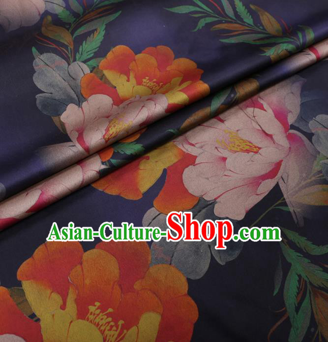 Chinese Cheongsam Classical Peony Pattern Design Navy Blue Watered Gauze Fabric Asian Traditional Silk Material