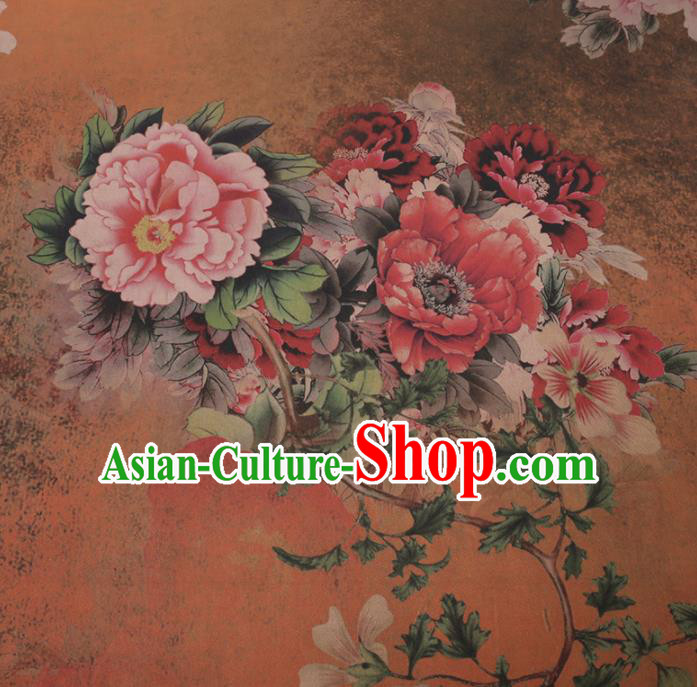 Chinese Cheongsam Classical Peony Pattern Design Orange Watered Gauze Fabric Asian Traditional Silk Material