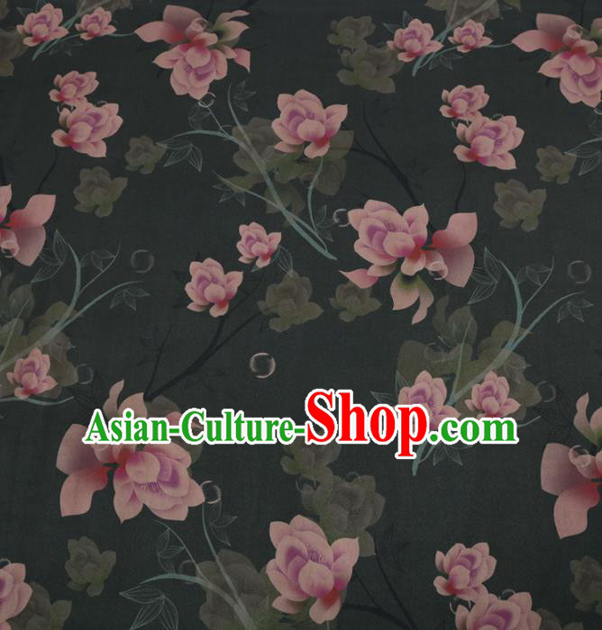 Chinese Cheongsam Classical Lotus Orchid Pattern Design Atrovirens Watered Gauze Fabric Asian Traditional Silk Material