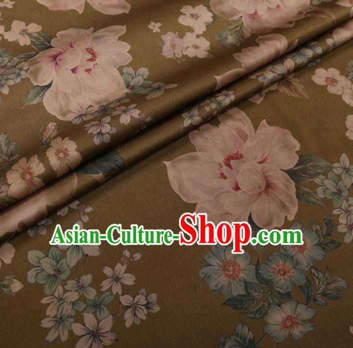 Chinese Cheongsam Classical Camellia Pattern Design Olive Green Watered Gauze Fabric Asian Traditional Silk Material