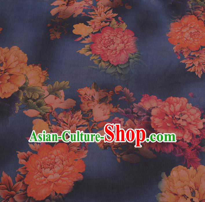 Chinese Cheongsam Classical Peony Magnolia Pattern Design Navy Watered Gauze Fabric Asian Traditional Silk Material