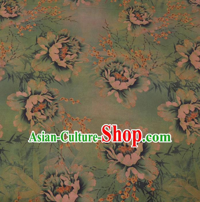 Chinese Cheongsam Classical Peony Jasminum Pattern Design Green Watered Gauze Fabric Asian Traditional Silk Material