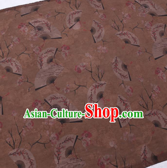 Chinese Cheongsam Classical Plum Fan Pattern Design Khaki Watered Gauze Fabric Asian Traditional Silk Material