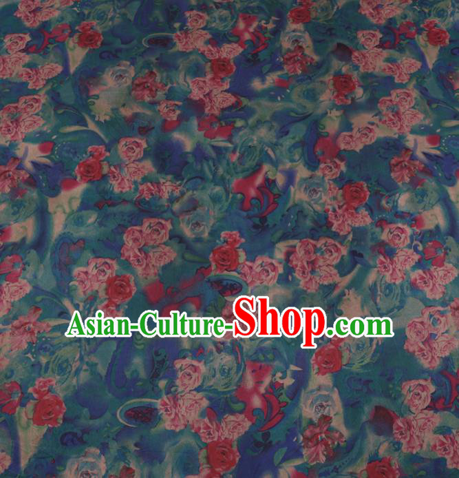 Chinese Cheongsam Classical Roses Pattern Design Blue Watered Gauze Fabric Asian Traditional Silk Material