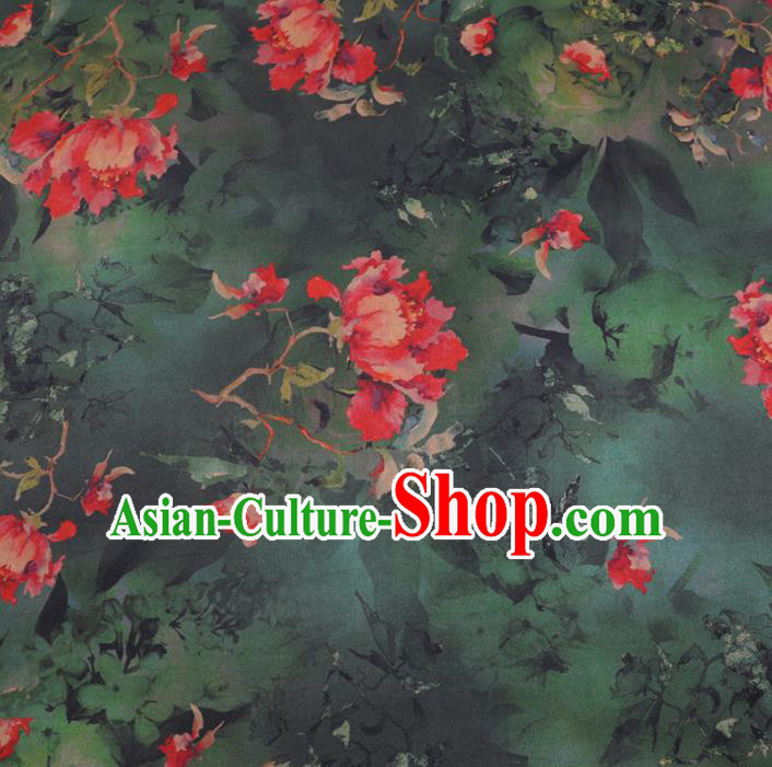 Chinese Cheongsam Classical Flowers Pattern Design Deep Green Watered Gauze Fabric Asian Traditional Silk Material