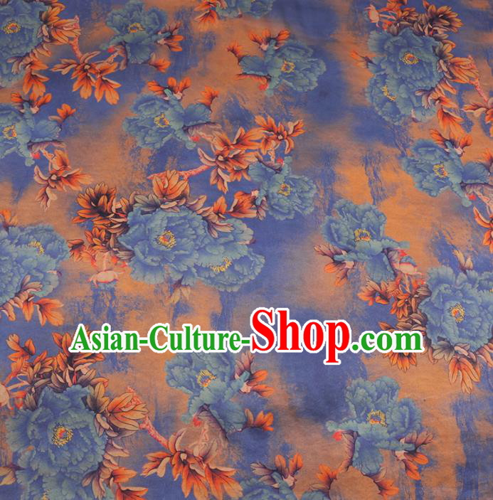 Chinese Cheongsam Classical Blue Peony Pattern Design Yellow Watered Gauze Fabric Asian Traditional Silk Material