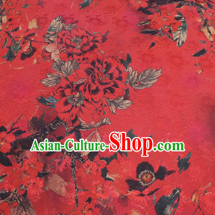 Chinese Cheongsam Classical Chrysanthemum Peony Pattern Design Red Watered Gauze Fabric Asian Traditional Silk Material