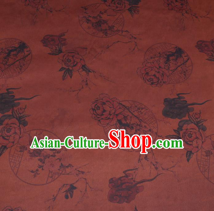 Chinese Cheongsam Classical Plum Peony Pattern Design Rust Red Watered Gauze Fabric Asian Traditional Silk Material