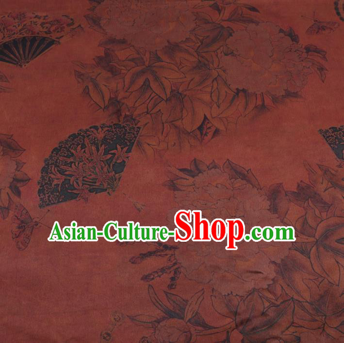 Chinese Cheongsam Classical Peony Fan Pattern Design Rust Red Watered Gauze Fabric Asian Traditional Silk Material