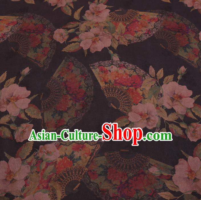 Chinese Cheongsam Classical Camellia Fan Pattern Design Black Watered Gauze Fabric Asian Traditional Silk Material