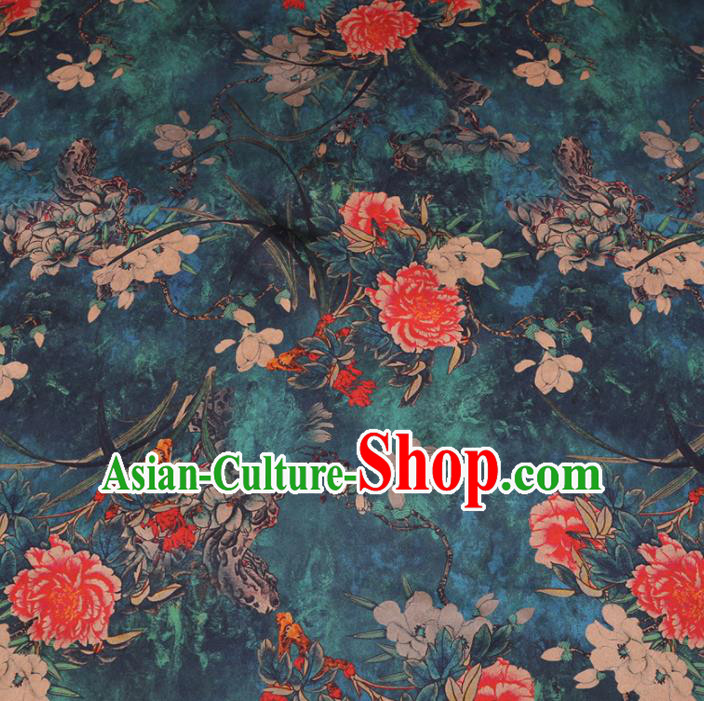 Chinese Cheongsam Classical Magnolia Peony Pattern Design Peacock Green Watered Gauze Fabric Asian Traditional Silk Material