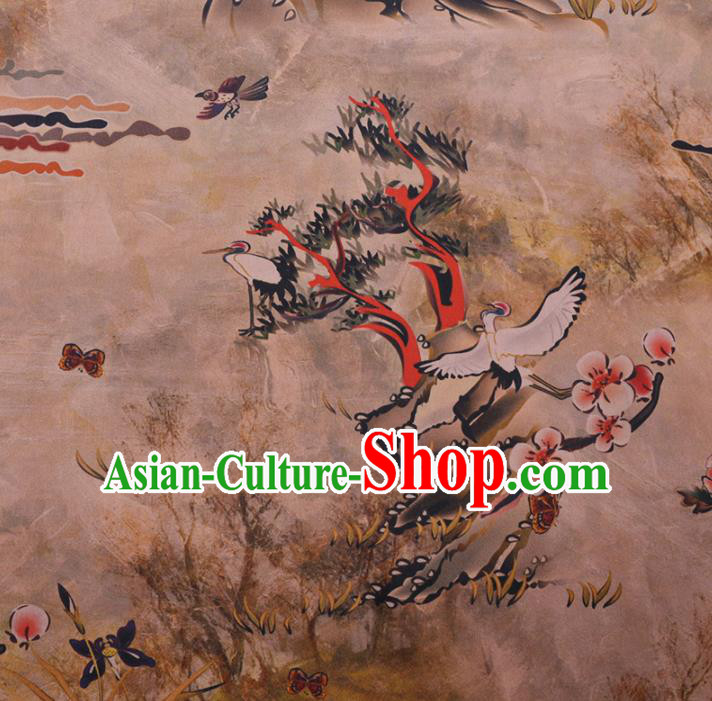 Chinese Cheongsam Classical Crane Plum Pattern Design Khaki Watered Gauze Fabric Asian Traditional Silk Material