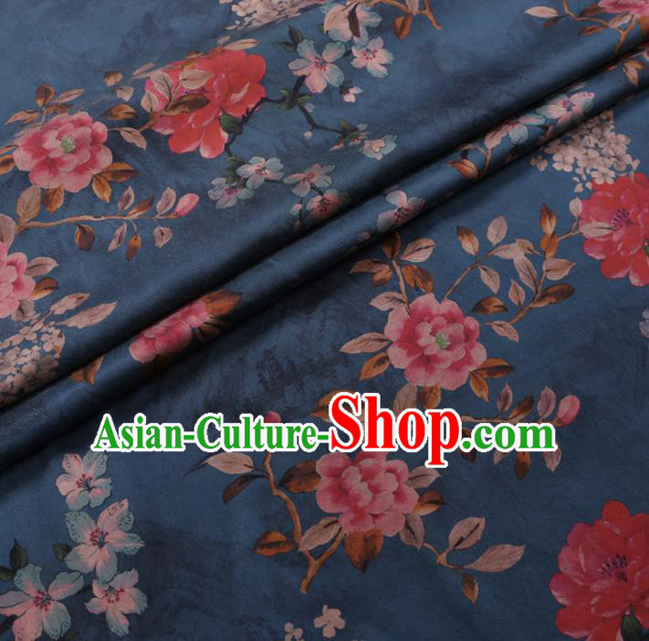 Chinese Cheongsam Classical Flowers Pattern Design Blue Watered Gauze Fabric Asian Traditional Silk Material