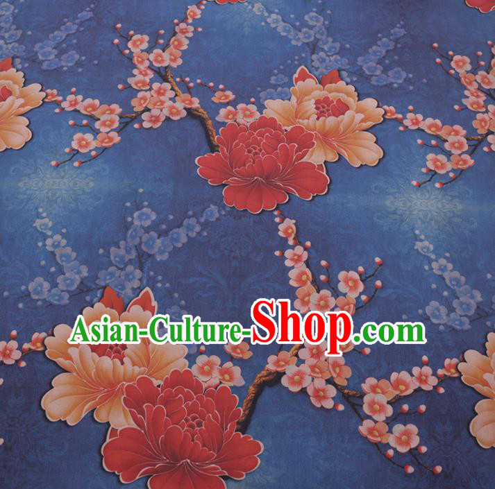 Chinese Cheongsam Classical Peony Plum Pattern Design Blue Watered Gauze Fabric Asian Traditional Silk Material