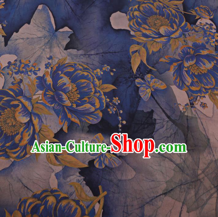 Chinese Cheongsam Classical Peony Flowers Pattern Design Navy Blue Watered Gauze Fabric Asian Traditional Silk Material