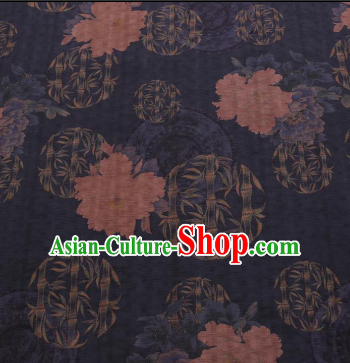 Chinese Cheongsam Classical Peony Bamboo Pattern Design Navy Watered Gauze Fabric Asian Traditional Silk Material