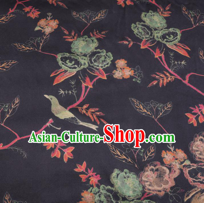 Chinese Cheongsam Classical Flowers Birds Pattern Design Black Watered Gauze Fabric Asian Traditional Silk Material