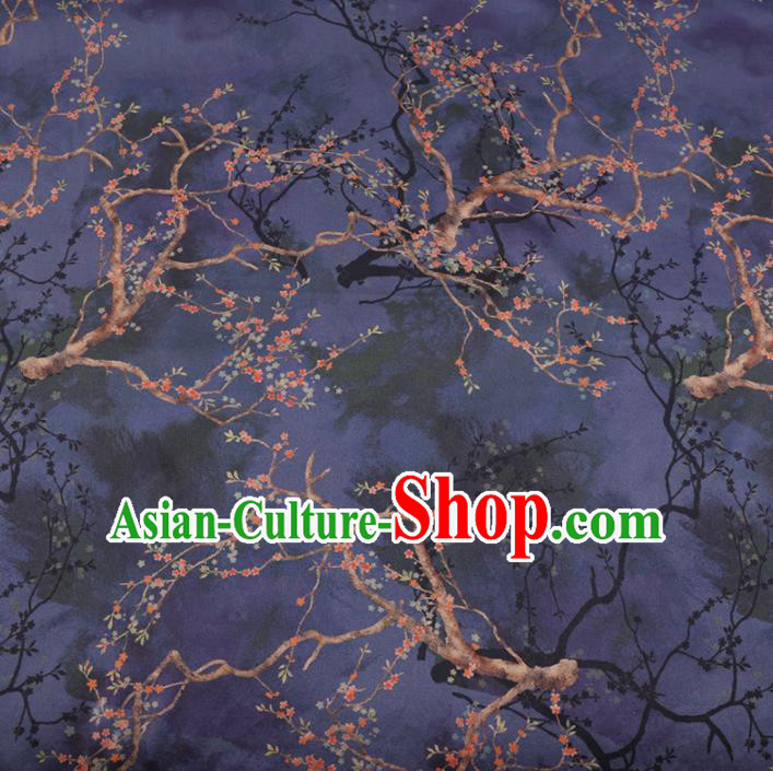 Chinese Cheongsam Classical Plum Flowers Pattern Design Deep Blue Watered Gauze Fabric Asian Traditional Silk Material