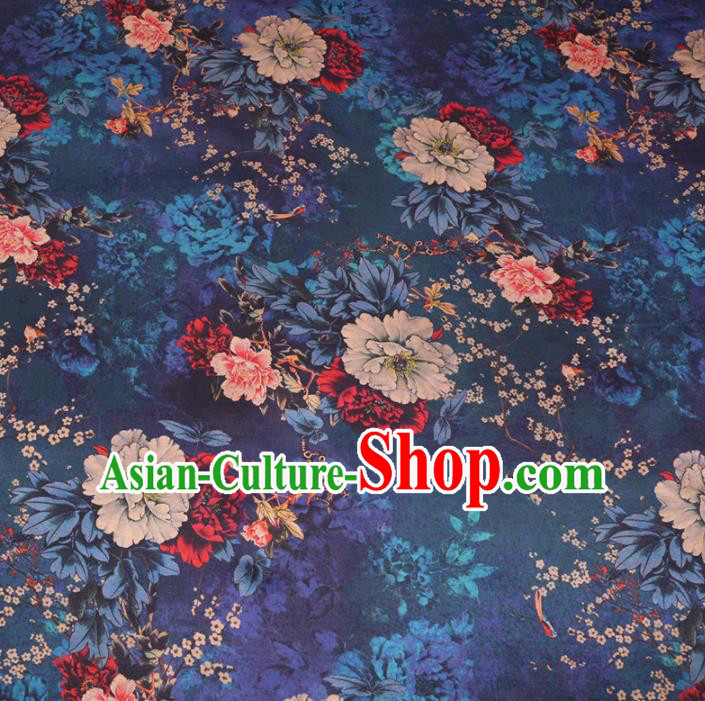 Chinese Cheongsam Classical Plum Peony Pattern Design Peacock Blue Watered Gauze Fabric Asian Traditional Silk Material