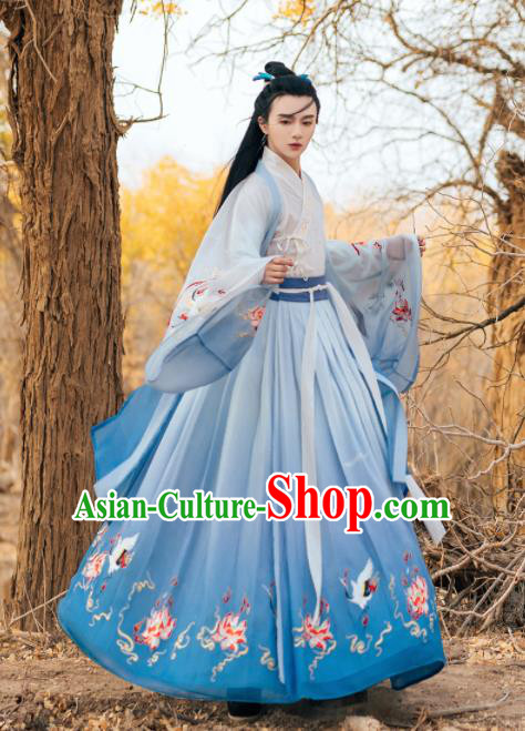 Chinese Ancient Nobility Childe Embroidered Blue Clothing Traditional Jin Dynasty Royal Prince Costumes for Men